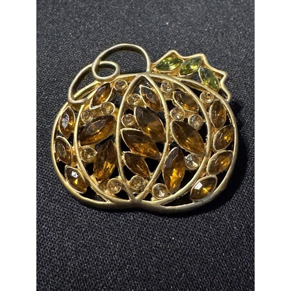 Gold Tone Pumpkin Rhinestone Brooch
